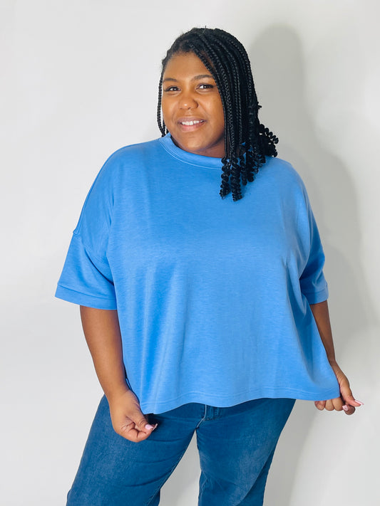 Zenana Scuba Round Neck Top- Cornflower Blue