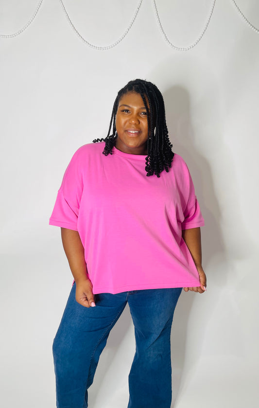 Zenana Scuba Round Neck Top- Candy Pink