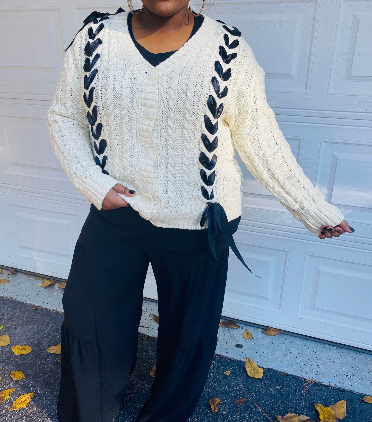 Ribbon Threaded Knit Sweater Cardigan-Cream