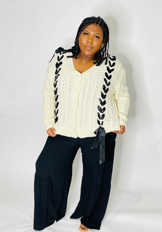 Ribbon Threaded Knit Sweater Cardigan-Cream