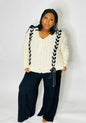 Ribbon Threaded Knit Sweater Cardigan-Cream