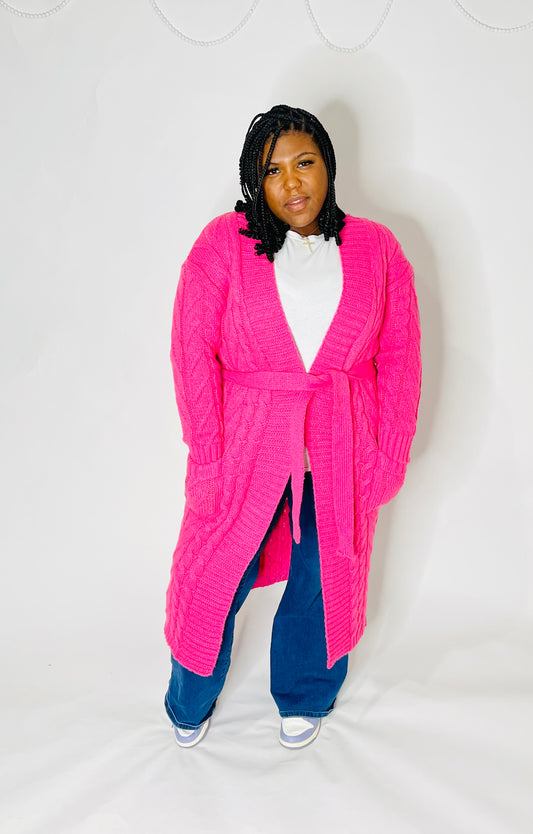 Cable Knit Long Cardigan-Pink
