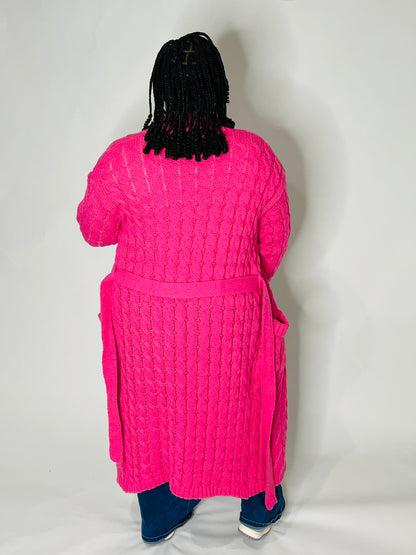 Cable Knit Long Cardigan-Pink