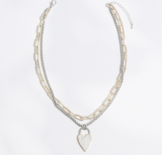 Double Chain CZ Heart Pendant Two Tone Necklace