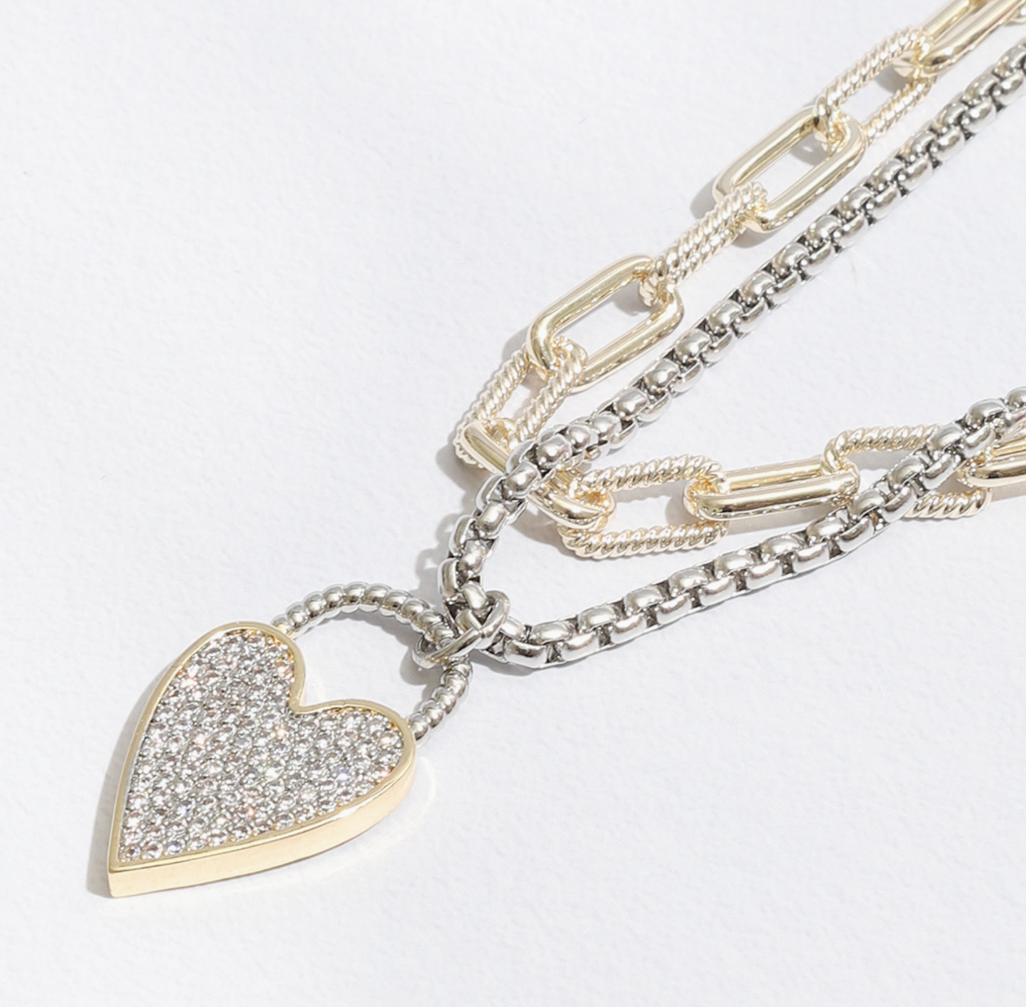 Double Chain CZ Heart Pendant Two Tone Necklace