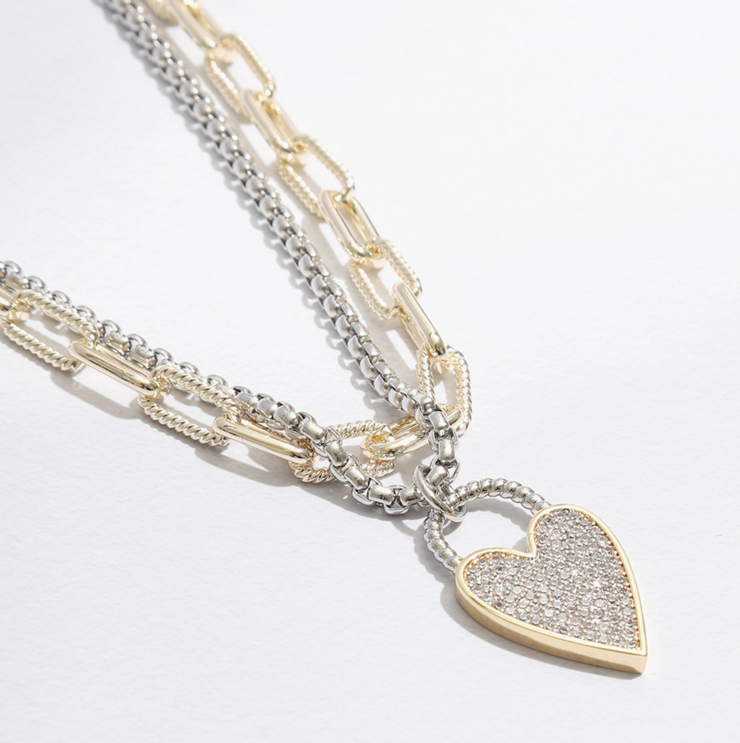 Double Chain CZ Heart Pendant Two Tone Necklace