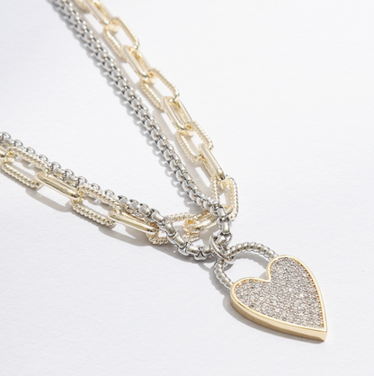 Double Chain CZ Heart Pendant Two Tone Necklace