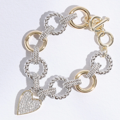 Pave Heart Charm Link Chain Bracelet