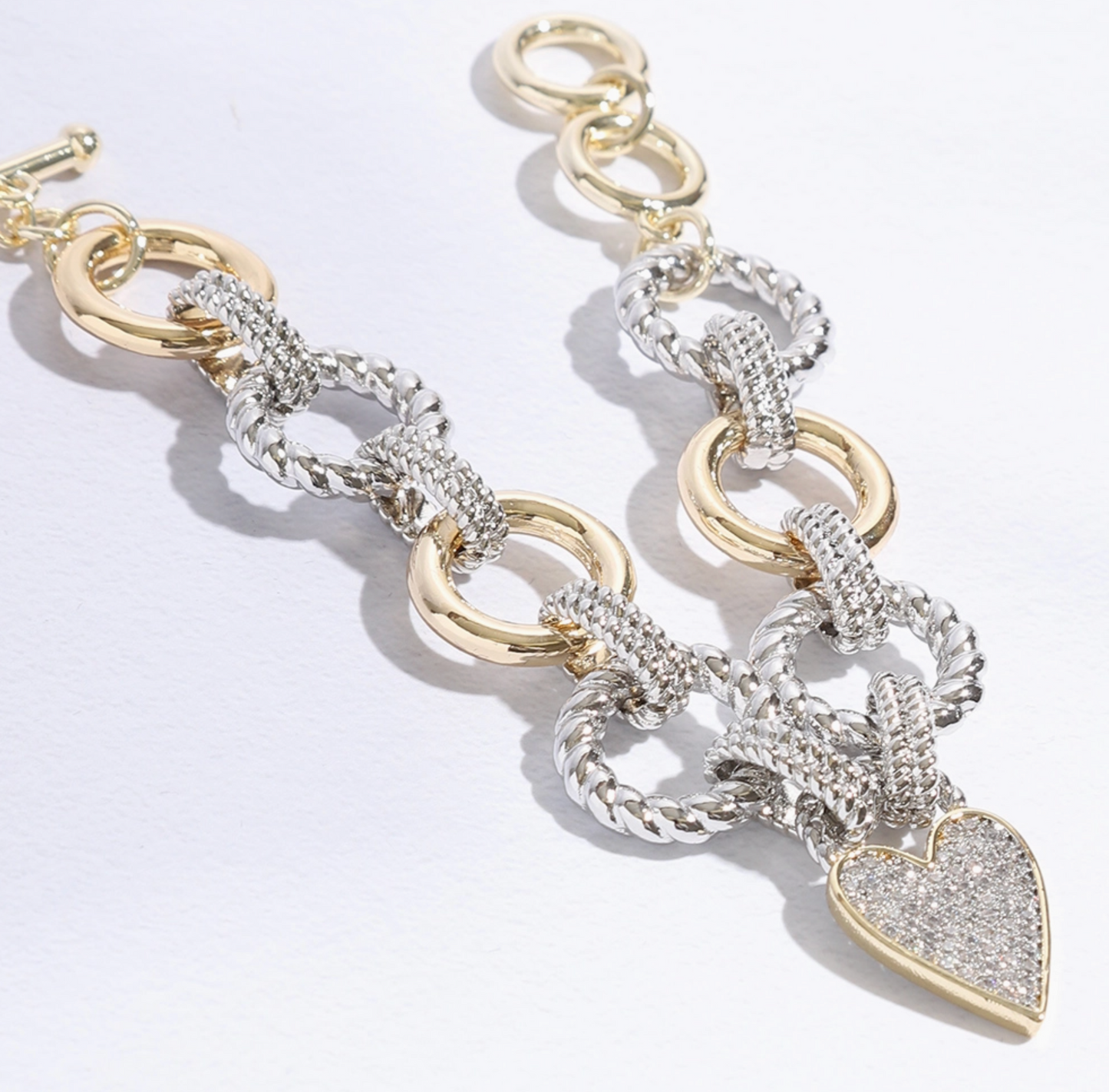 Pave Heart Charm Link Chain Bracelet