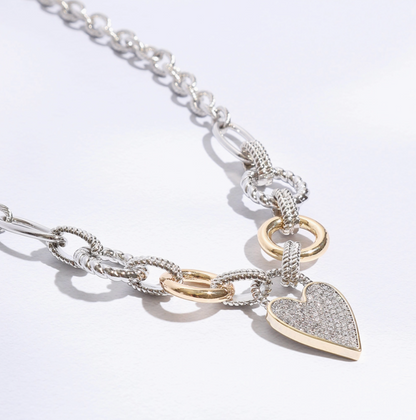 Pave Heart Charm Link Chain Necklace