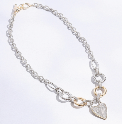 Pave Heart Charm Link Chain Necklace