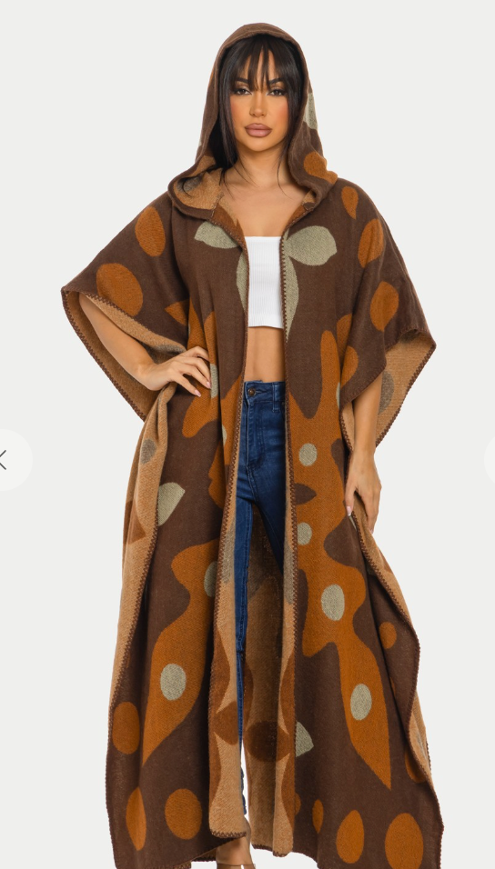 Halo Hooded  Cardigan Poncho-Multi-Brown