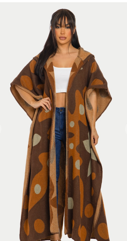 Halo Hooded  Cardigan Poncho-Multi-Brown
