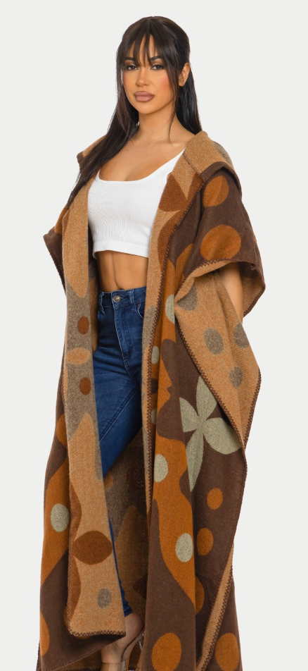 Halo Hooded  Cardigan Poncho-Multi-Brown