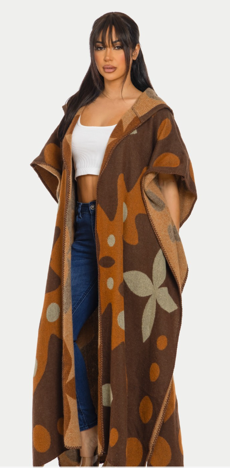 Halo Hooded  Cardigan Poncho-Multi-Brown