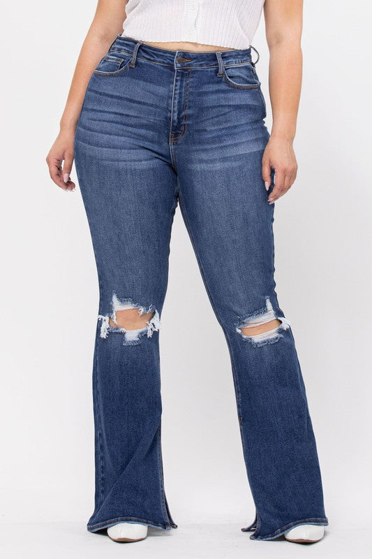 Cecelia | Dark Wash Distressed  Flare Split Jeans